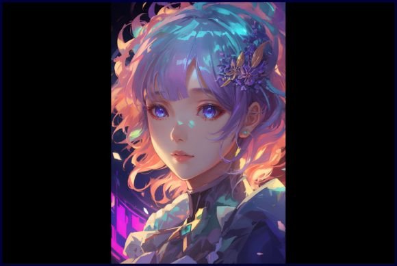 Iridescent Color Anime Girl Portrait: A Vibrant Design Asset